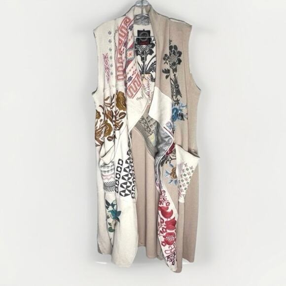 NEW Johnny Was BIYA Embroidered Longline Knit Vest XL Draped Boho Patch Pockets - Picture 2 of 9